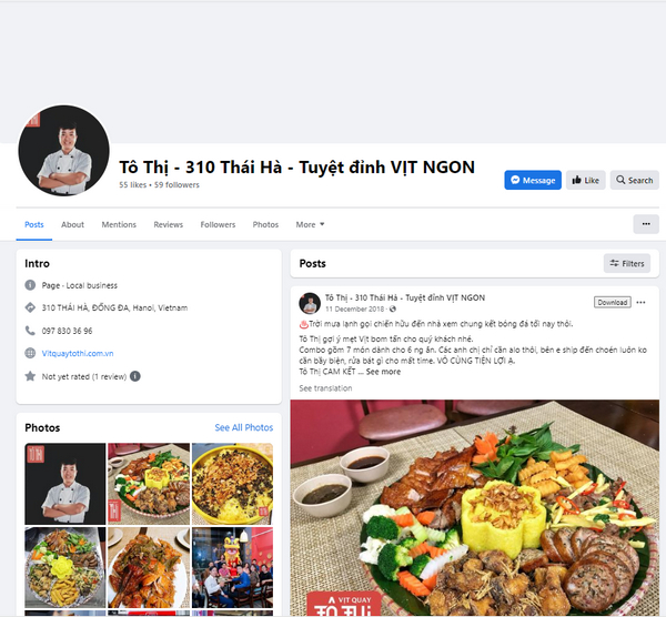 Fanpage Facebook của Vịt quay Tô Thị 