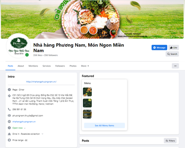 Fanpage Facebook nhà hàng Phương Nam 