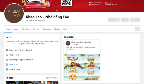 Fanpage Facebook của nhà hàng Khao Lao 