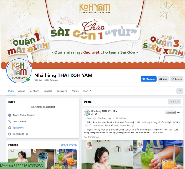 Fanpage Facebook nhà hàng Koh Yam 
