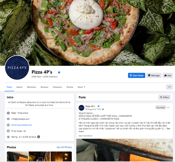Fanpage Facebook của Pizza 4P