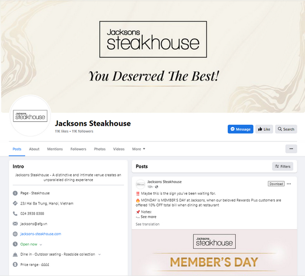 Fanpage Facebook của nhà hàng Jacksons Steakhouse
