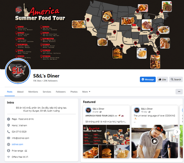 Fanpgae Facebook nhà hàng S&L’s Diner 