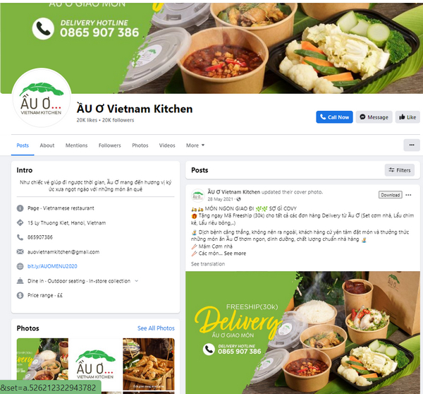 Fanpage Facebook của nhà hàng Ầu Ơ 