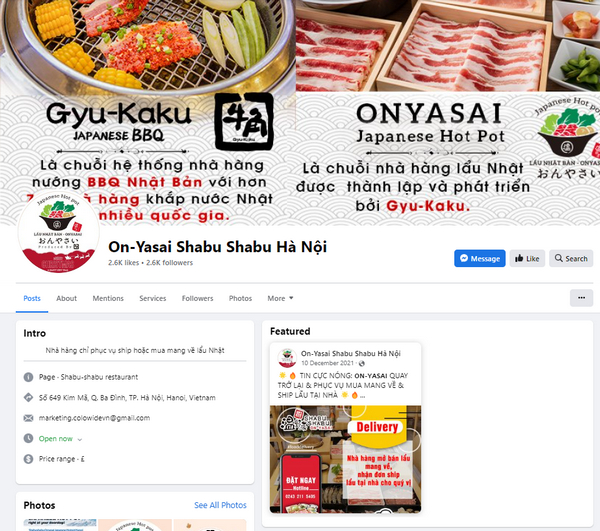 Fanpage Facebook của Shabu Shabu On – Yasai