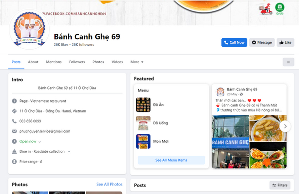 Fanpage facebook của quán Bánh canh ghẹ 69 - 