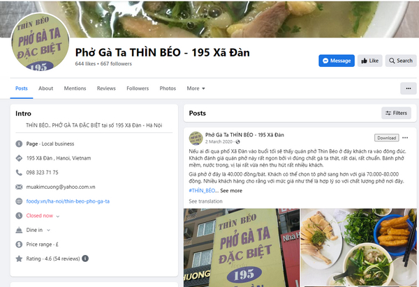 Fanpage facebook của quán phở gà Thìn Béo 
