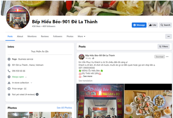 Fanpage facebook của quán Bếp Hiếu Béo