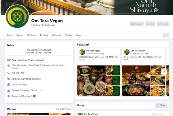 Fanpage Facebook của quán Om Tara Vegan
