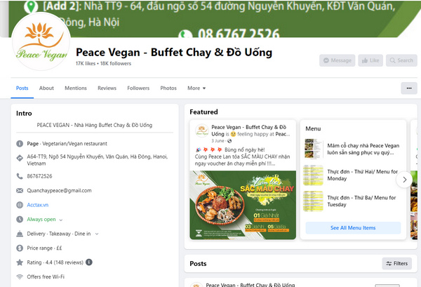 Fanpage Facebook của Peace Vegan