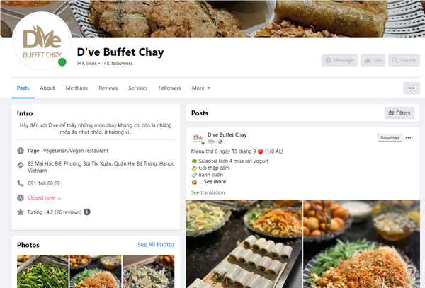 Fanpage Facebook của quán D’ve buffet 