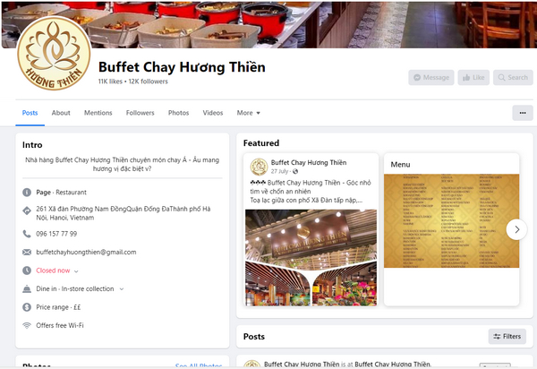 Fanpage Facebook của quán Hương Thiền 