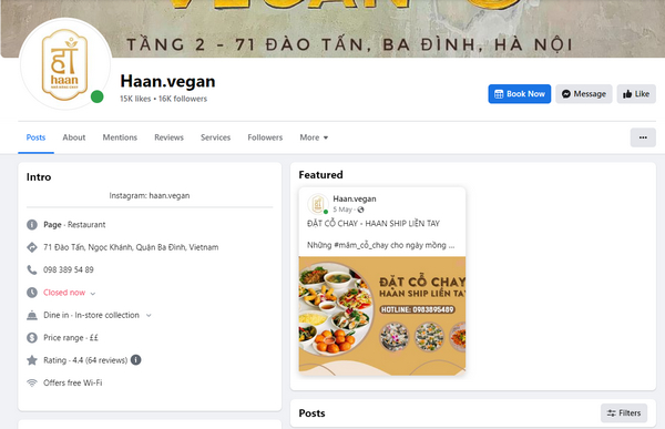 Fanpage Facebook của quán buffet chay Hà Nội - Haan Vegan