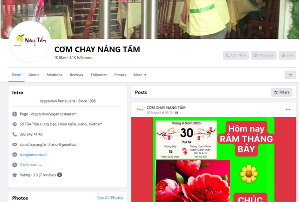 Fanpage Facebook của cơm chay Nàng Tấm