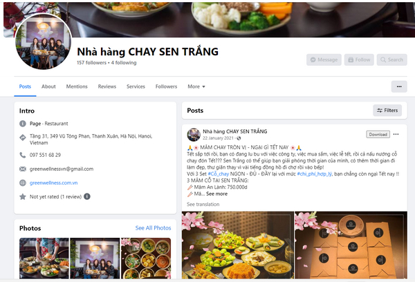 Fanpage Facebook của nhà hàng chay Sen Trắng 