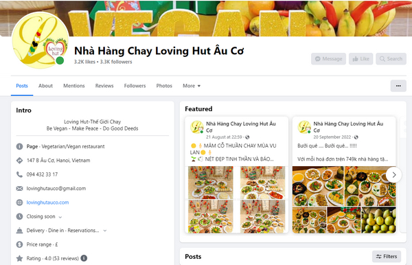 Fanpage Facebook của nhà hàng chay Loving Hut 