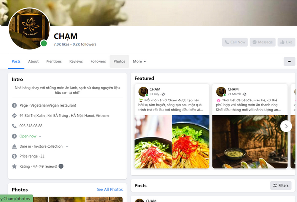 Fanpage Facebook của quán Chạm 