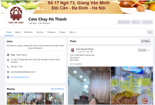Fanpage Facebook của quán cơm Chay Hà Thành