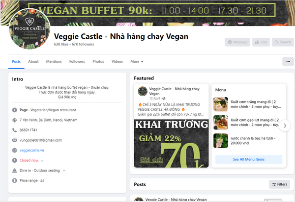Fanpage facebook của Veggie Castle