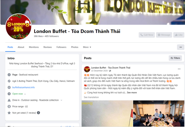 Fanpage facebook của quán London Buffet