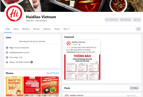 Fanpage facbook của Haidilao 