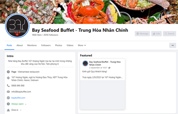 Fanpage facebook của quán Bay Seafood