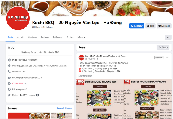 Fanpage facebook của nhà hàng buffet Kochi BBQ