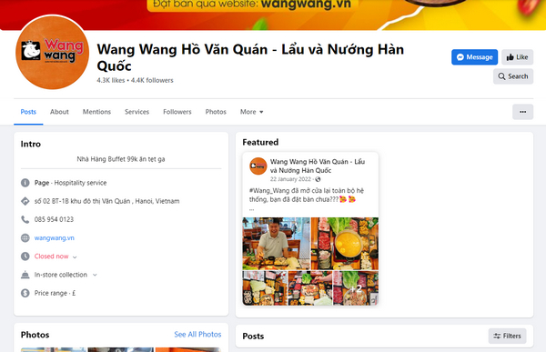 Fanpage facebook của lẩu Wang Văn Quán