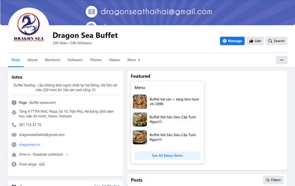 Fanpage Facebook của Dragon Sea Buffet 