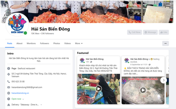 Fanpage Facebook của quán Hải Sản Biển Đông