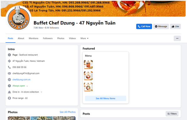 Fanpage Facebook của quán buffet Chef Dzung 