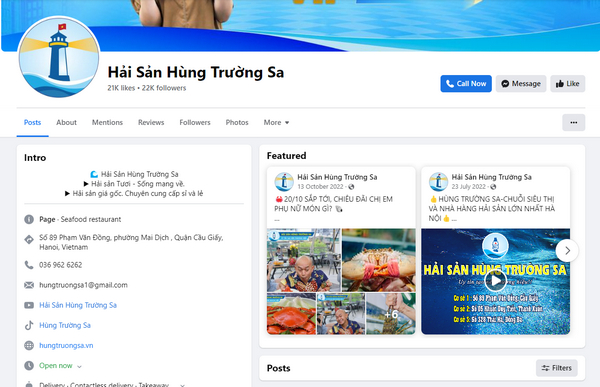 Fanpage facebook của hải sản Hùng Trường Sa