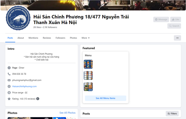 Fanpage facebook của quán quán Hải Sản Chinh Phương 