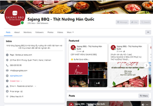 Fanpage Facebook của Sajang BBQ