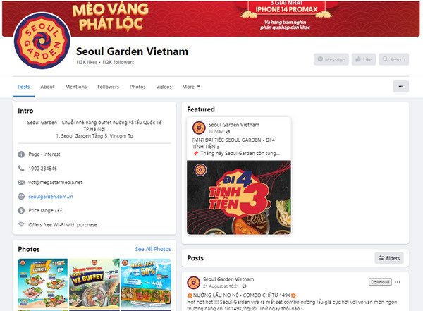 Fanpage Facebook của Seoul Garden Vietnam