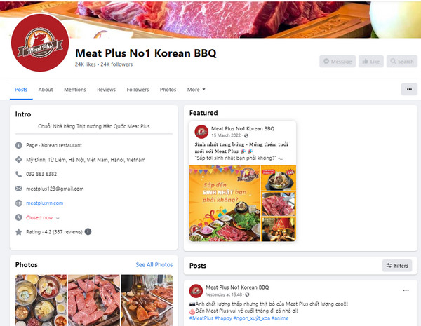 Fanpage Facebook của Meat Plus No 1 Korean BBQ