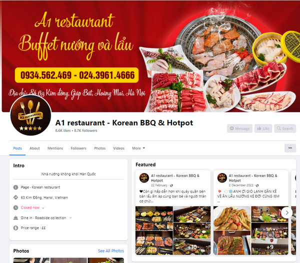 Fanpage của nhà hàng A1 Restaurant