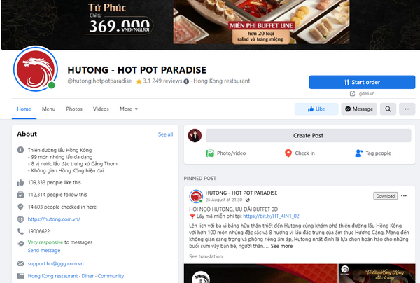 Fanpage Facebook của nhà hàng Hutong 