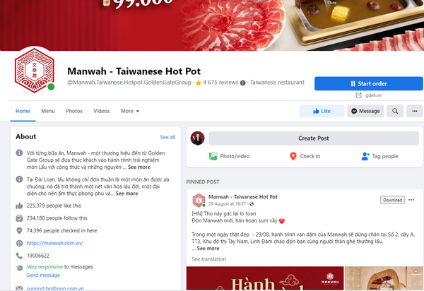 Fanpage Facebook của nhà hàng Manwah