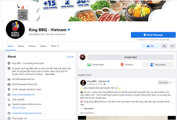 Fanpage facebook của King BBQ