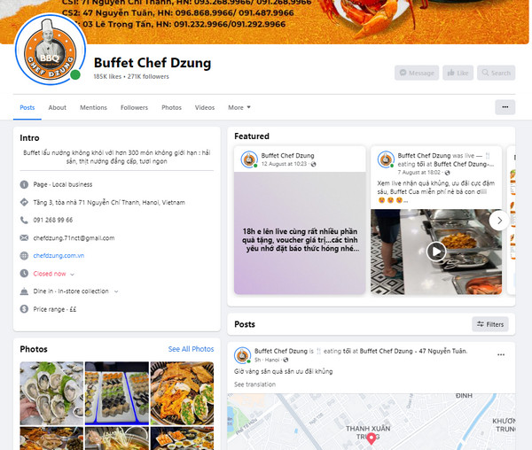 Fanpage Facebook của buffet Hải sản Chef Dzung