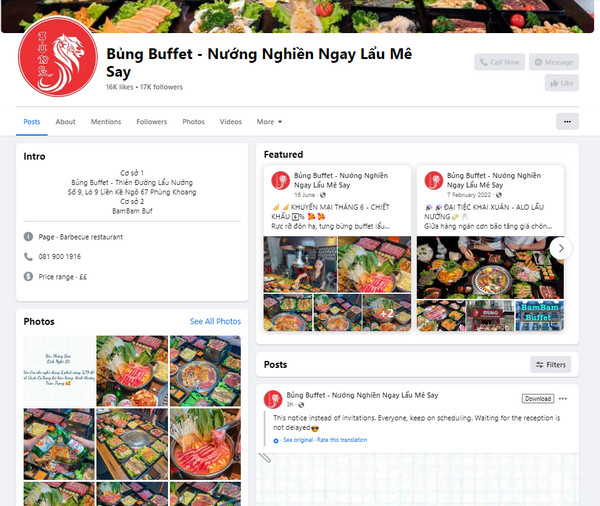 Fanpage Facebook của Bủng Buffet 