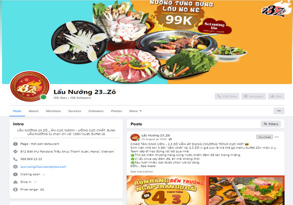 Fanpage Facebook của lẩu nướng 99k 23..Zô 
