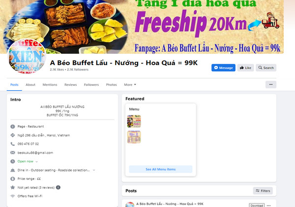 Fanpage Facebook của A Béo Buffet Lẩu Nướng Hoa quả 99k