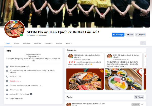 Fanpage Facebook của Yang Buffet