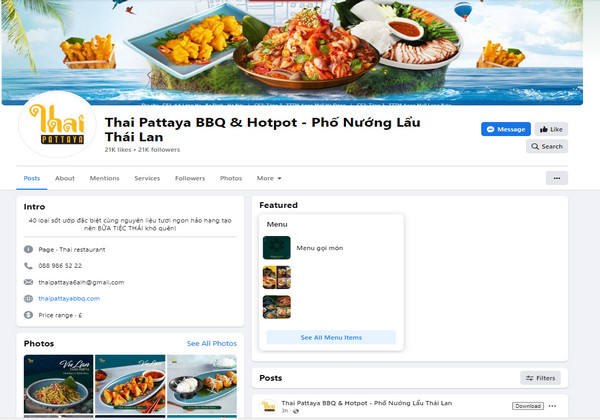 Fanpage Facebook của Thai Pattaya BBQ & Hotpot