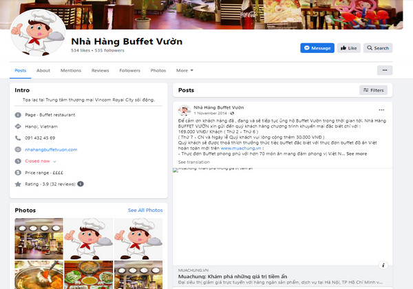 Fanpage Facebook của nhà hàng buffet Vườn 