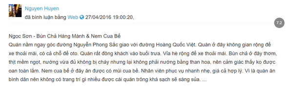 Feedback từ khách hàng về bún chả tại Nguyễn Phong Sắc