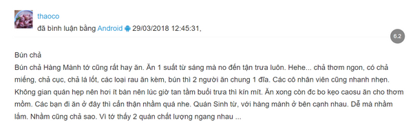 Đánh giá của khách hàng về bún chả hàng Mành Nguyễn Phong Sắc