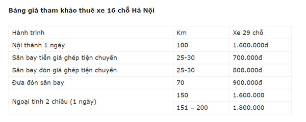 Bảng giá cho thuê xe16 chỗ tại Hà Nội của Hoa Mai tourist
